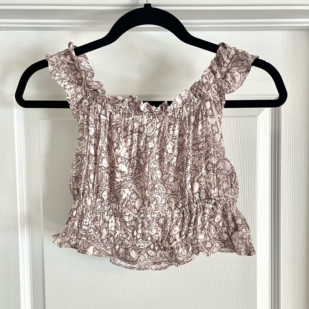 OLIVACEOUS Cropped Floral Print Smocked Off Shoulder Top Dusty People and White